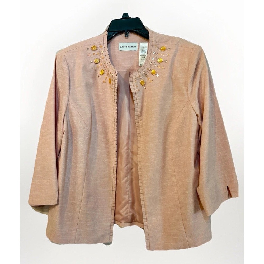 Alfred Dunner Women's Sz 12 Pink Embellished Jewel Open Front Ruffle Trim Blazer